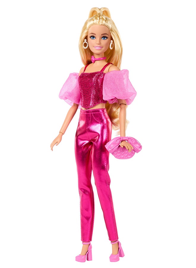 Barbie Deluxe Style Doll #5 in Metallic Pink Outfit, Blonde Hair, Sparkly Corset Top and Shiny Pants with Accessories like Rose Necklace and Handbag  - Image 5