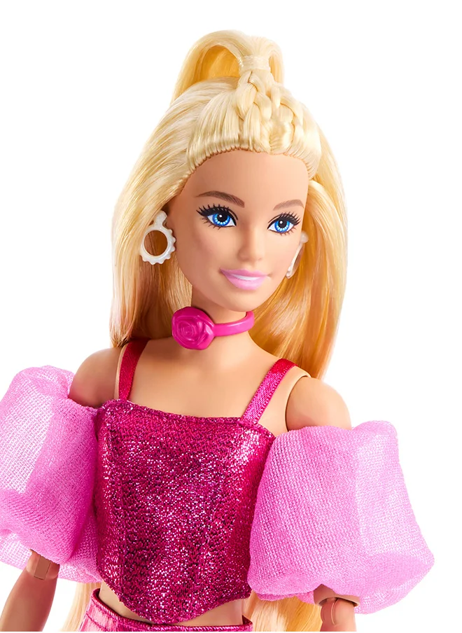 Barbie Deluxe Style Doll #5 in Metallic Pink Outfit, Blonde Hair, Sparkly Corset Top and Shiny Pants with Accessories like Rose Necklace and Handbag