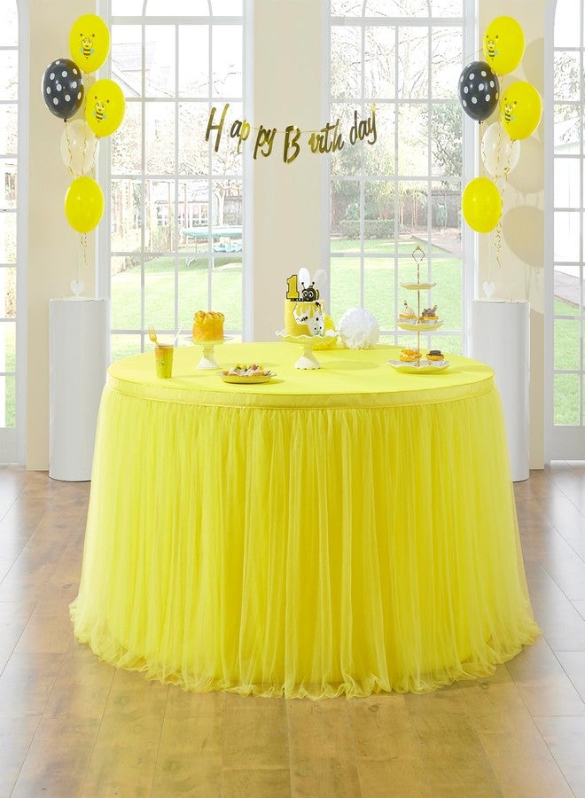 NSSONBEN 167in Yellow Tulle Table Skirts for Rectabgle Tables 6/8ft, 2-Layer Gold Grim Ruffle Tulle Tutu Cloth Table Skirt 14ft Decor Bee Themed Birthday Party Wedding Baby Shower Cake Dessert(No Table Cover) - Image 2