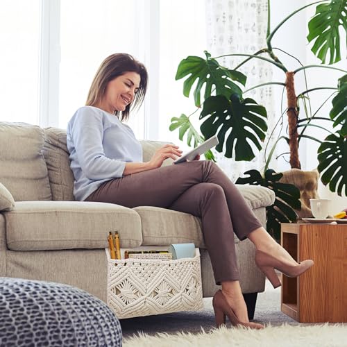 JaGely 2 Pcs 17.3 x 13 Inch Macrame Bedside Caddy Storage Organizer Hanging Boho Remote Control Holder Bedside Storage Basket for Home Couch Tablet Magazine Holder for TV Remote Control Living Room - Image 5