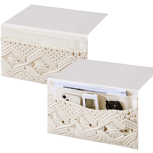 JaGely 2 Pcs 17.3 x 13 Inch Macrame Bedside Caddy Storage Organizer Hanging Boho Remote Control Holder Bedside Storage Basket for Home Couch Tablet Magazine Holder for TV Remote Control Living Room - Image 1