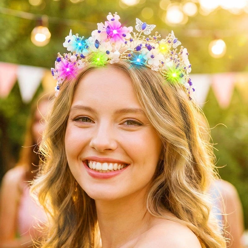 Brishow Butterfly Light up Tiara, Pearl Flower Fairy Crown Headpiece for Women - Image 3
