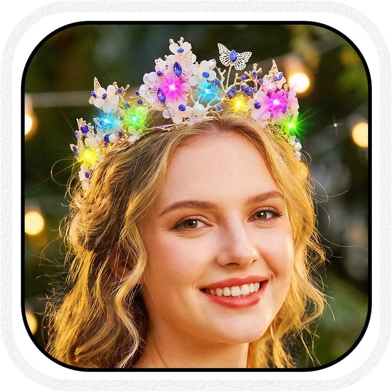 Brishow Butterfly Light up Tiara, Pearl Flower Fairy Crown Headpiece for Women - Image 1