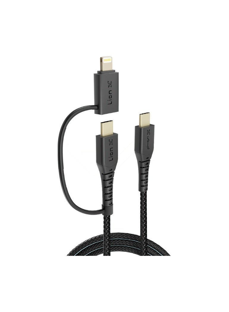 Lionx Lion X Cable 2-in-1 (USB-C to USB-C & Lightning) Braided Fast Charging and Data Cable 100W (Saudi Made), 1m - Black - Image 3