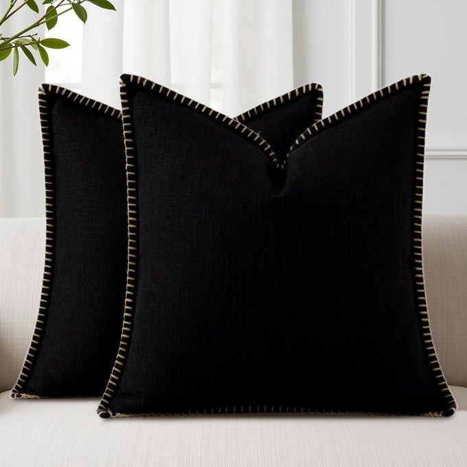 SPRING DECORATIVE THROW PILLOW COVERS 22X22 SET OF 2 SQUARE LINEN OUTDOOR NEUTRAL FARMHOUSE EURO SHAM PILLOW COVERS WITH STITCHED EDGE FOR COUCH SOFA LIVING ROOM BLACK