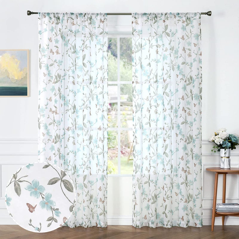 Tollpiz Tollpiz Sheer Floral Curtains Blue Flower Butterfly Printed Bedroom Curtain Rod Pocket Voile Faux Linen Short Window Curtains for Living Room 54 x 45 inches Long Set of 2 Panels