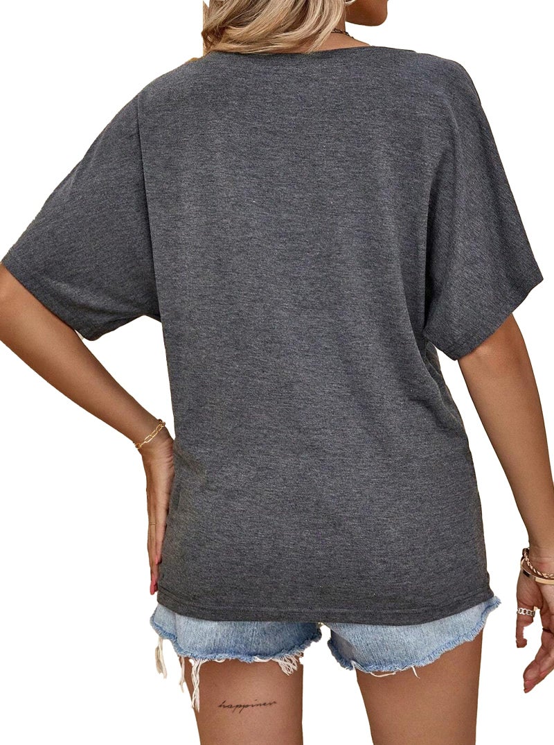 Hilinker Womens Sexy Off The Shoulder Top Short Batwing Sleeve T Shirt Oversized Casual Tee Grey Large - Image 4