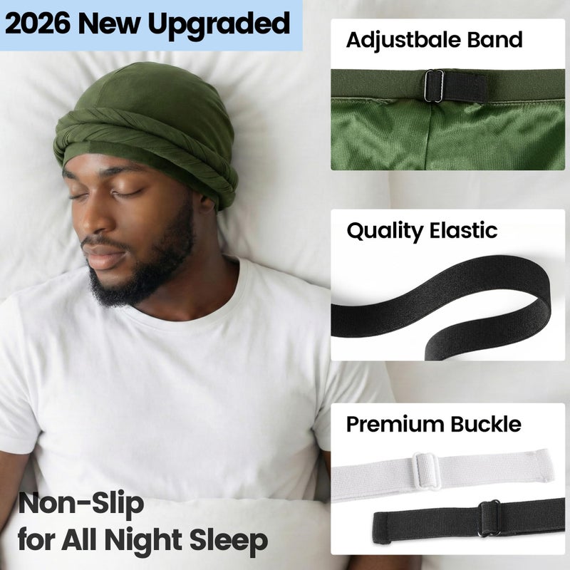 Ababalaya 2PCS Adjustable Satin Lined Halo Turban Durag for Men &Women, Sleeping Bonnet, Beanie Hats, PRE-Tied Headwraps for Hair Loss Black/Army Green - Image 2