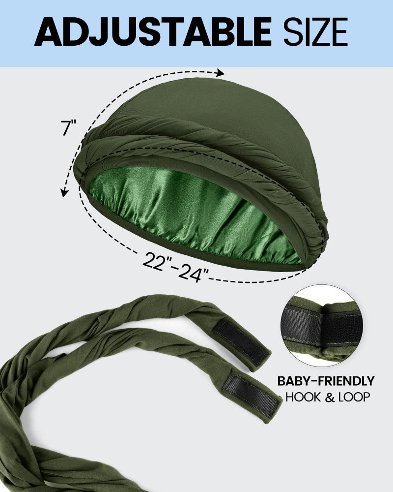 Ababalaya 2PCS Adjustable Satin Lined Halo Turban Durag for Men &Women, Sleeping Bonnet, Beanie Hats, PRE-Tied Headwraps for Hair Loss Black/Army Green - Image 4