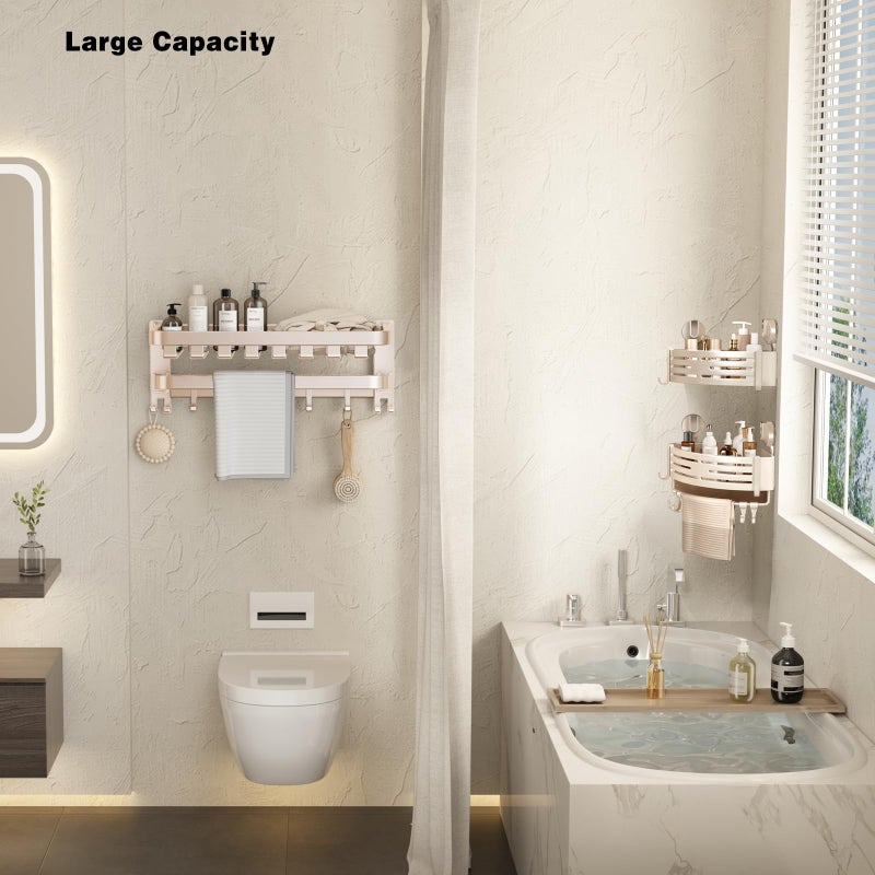 Volpone Corner Shower Caddy Suction Cup Shower Shelf Corner No Drilling Bathroom Shower Organizer Storage Rack Adhesive With Towel Bar Hooks(1-Pack  Ivory) - Image 2
