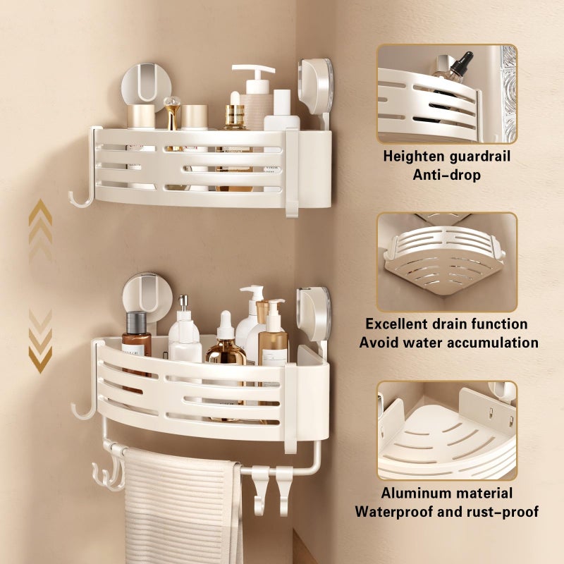 Volpone Corner Shower Caddy Suction Cup Shower Shelf Corner No Drilling Bathroom Shower Organizer Storage Rack Adhesive With Towel Bar Hooks(1-Pack  Ivory) - Image 3