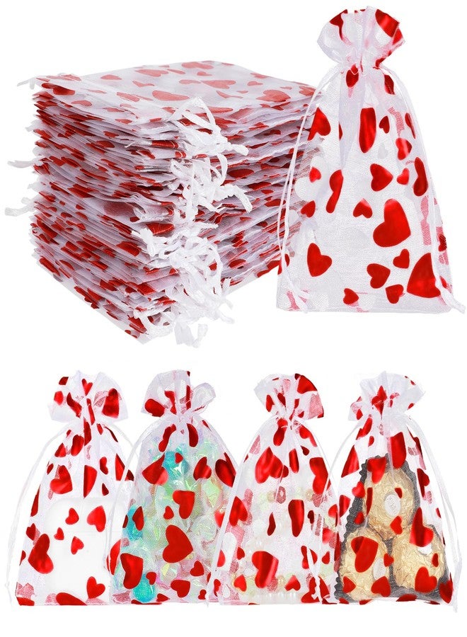 Tapleap Small Valentines Gift Bags for Kids Classroom, Heart Print Organza Drawstring Bags for Packaging Candy or Goodie, For Wedding, Birthday, Bridal Showers, 50Pcs 3½x4¾in(9x12cm) - Image 1