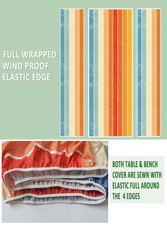 SiorVeol Picnic Table Cover with Bench Covers Camping Essentials Reusable Waterproof Windproof Camping Tablecloth Fitted Rectangle Tables and Seats, 72in, Orange Blue Rainbow - Image 5