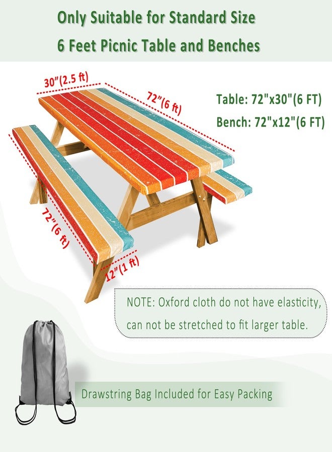 SiorVeol Picnic Table Cover with Bench Covers Camping Essentials Reusable Waterproof Windproof Camping Tablecloth Fitted Rectangle Tables and Seats, 72in, Orange Blue Rainbow - Image 2