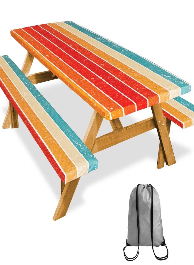 SiorVeol Picnic Table Cover with Bench Covers Camping Essentials Reusable Waterproof Windproof Camping Tablecloth Fitted Rectangle Tables and Seats, 72in, Orange Blue Rainbow - Image 1