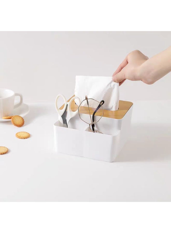 A tissue box that neatly organizes your desk or table with a wooden lid and compartments for pens, remotes, or any small accessories. - Image 1
