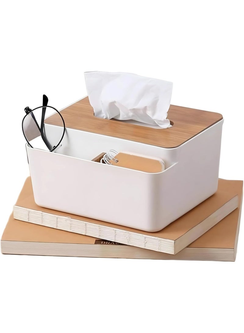 A tissue box that neatly organizes your desk or table with a wooden lid and compartments for pens, remotes, or any small accessories. - Image 2