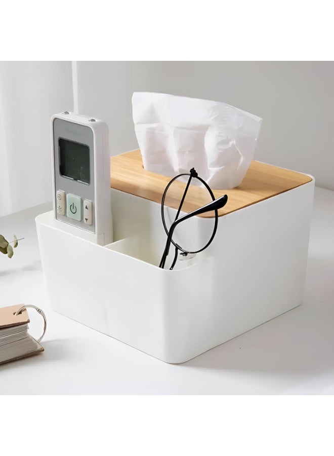 A tissue box that neatly organizes your desk or table with a wooden lid and compartments for pens, remotes, or any small accessories. - Image 4