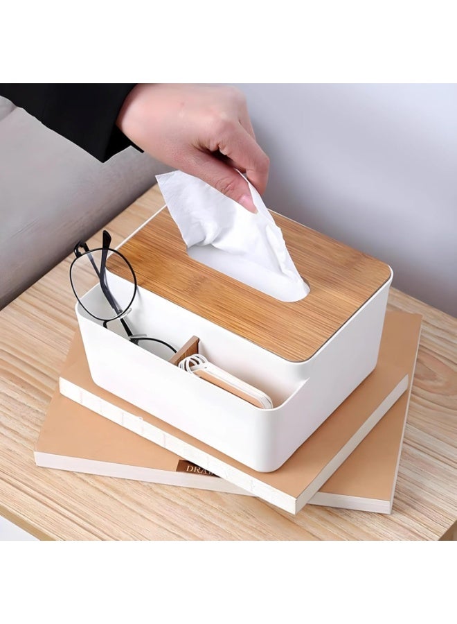 A tissue box that neatly organizes your desk or table with a wooden lid and compartments for pens, remotes, or any small accessories. - Image 5