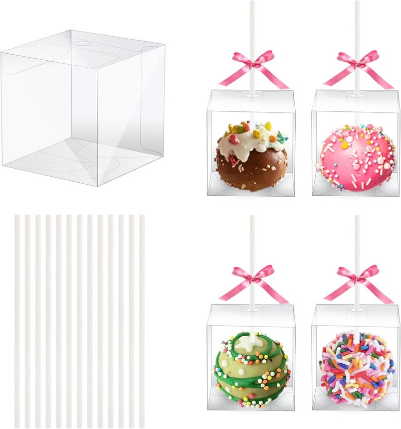 MGWOTH 50 Set Cake Pop Boxes with Paper Sticks Kit: Clear Gift Container with Holes for Candy, Macaron, Lollipop Packaging, Mini Plastic Cakepop Wrapping for Wedding Party Birthday Christmas - Image 1