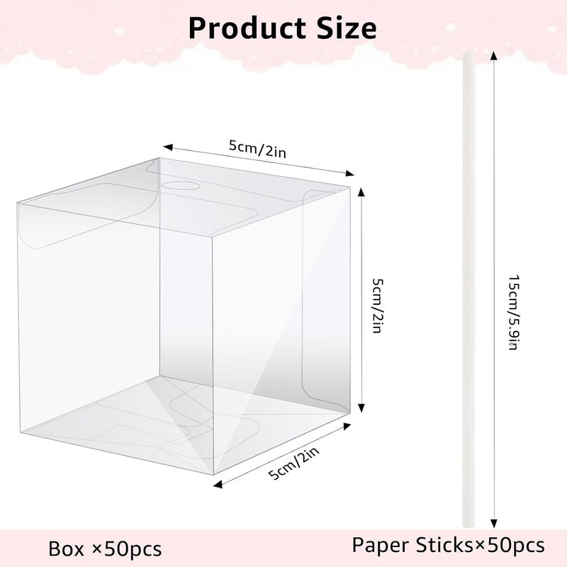 MGWOTH 50 Set Cake Pop Boxes with Paper Sticks Kit: Clear Gift Container with Holes for Candy, Macaron, Lollipop Packaging, Mini Plastic Cakepop Wrapping for Wedding Party Birthday Christmas - Image 3