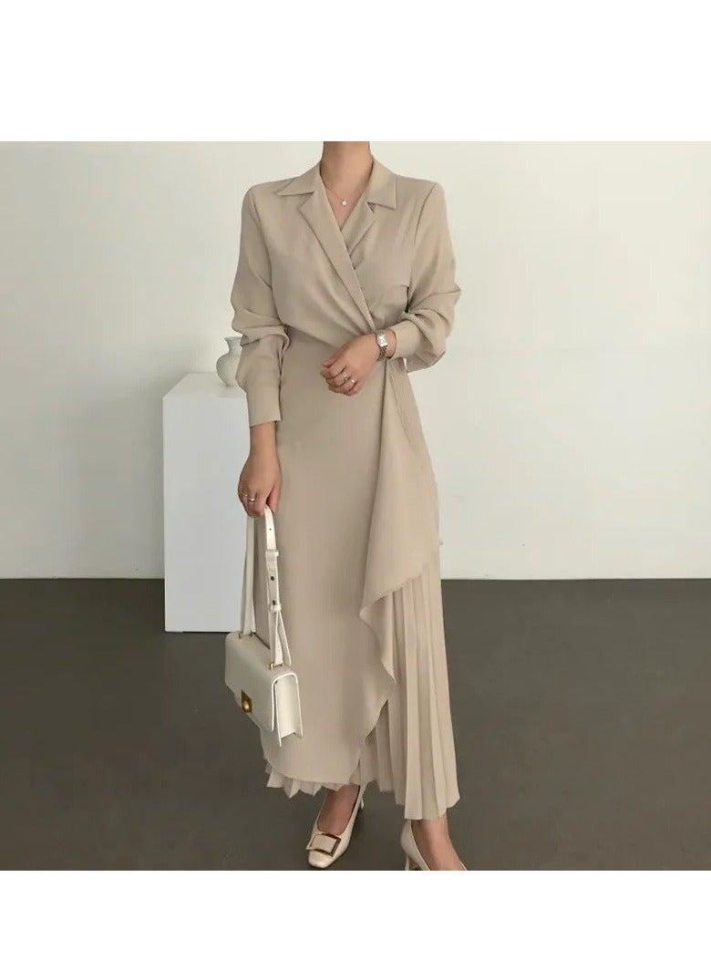 Elegant Suit Dress ，Women Fashion Business Lapel Skirt Dress，Long Sleeve High Waist Dress Windbreaker Style Large Skirt Dress  - Image 3