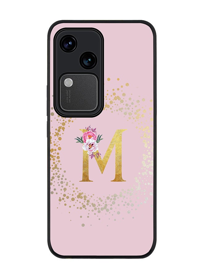 Stylizedd Rugged Black edge case for Vivo V30 5G, Slim fit Flexible Cover -  Custom Monogram Initial Letter Floral Pattern Alphabet - M  (Pink ) - Image 1