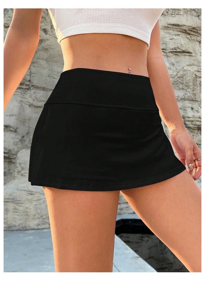 MakeMeChic - MakeMeChic Women's Y2K Mini Skirt with Shorts Aline Micro Skirt Skort Solid Black Small - Image 1