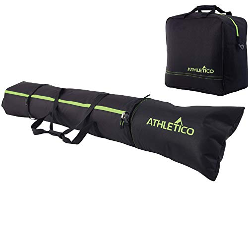 Athletico Padded Two-Piece Ski and Boot Bag Combo | Store & Transport Skis Up to 200 CM and Boots Up To Size 13 | Includes 1 Padded Ski Bag & 1 Padded Ski Boot Bag (Black with Green Trim (Padded)) - Image 1