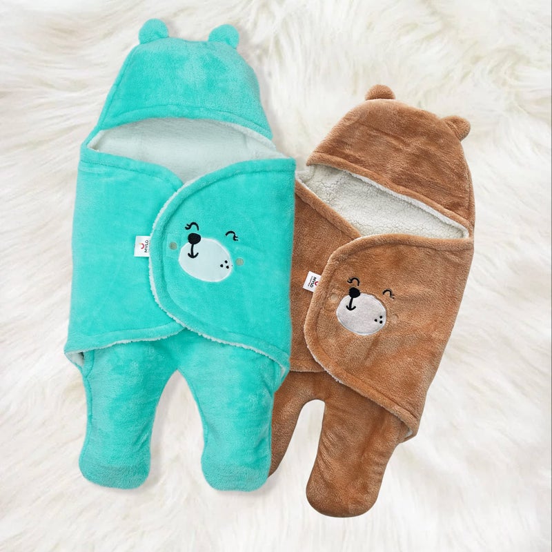 MYLO Mylo Baby Ultra-Soft Cute Baby Pack of 2 | Swaddling Wrapper | All Season Ac Blanket -Multipurpose | Hoodie Teddy Bear|0-6 Months (Mint Green+Light Brown) - Image 2