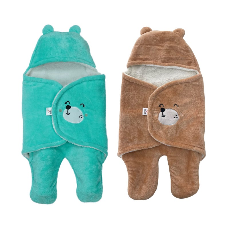 MYLO Mylo Baby Ultra-Soft Cute Baby Pack of 2 | Swaddling Wrapper | All Season Ac Blanket -Multipurpose | Hoodie Teddy Bear|0-6 Months (Mint Green+Light Brown) - Image 1