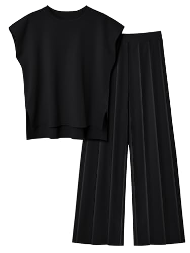 LILLUSORY 2 Piece Sets for Women Summer Vacation 2025 Lounge Outfits Matching Two Pcs Spring Knit Tracksuits Sweat Suits Black XL - Image 1