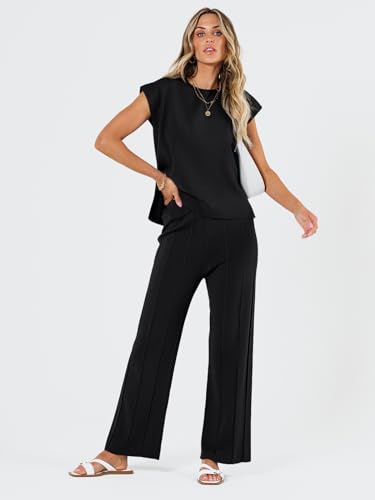LILLUSORY 2 Piece Sets for Women Summer Vacation 2025 Lounge Outfits Matching Two Pcs Spring Knit Tracksuits Sweat Suits Black XL - Image 2