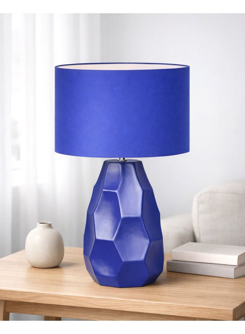 Luxury Blue Faceted Ceramic Table Lamp with Navy Velvet Shade – Modern Geometric Bedside Lamp for Living Room, Bedroom , 34 x 60.5 cm - Image 1