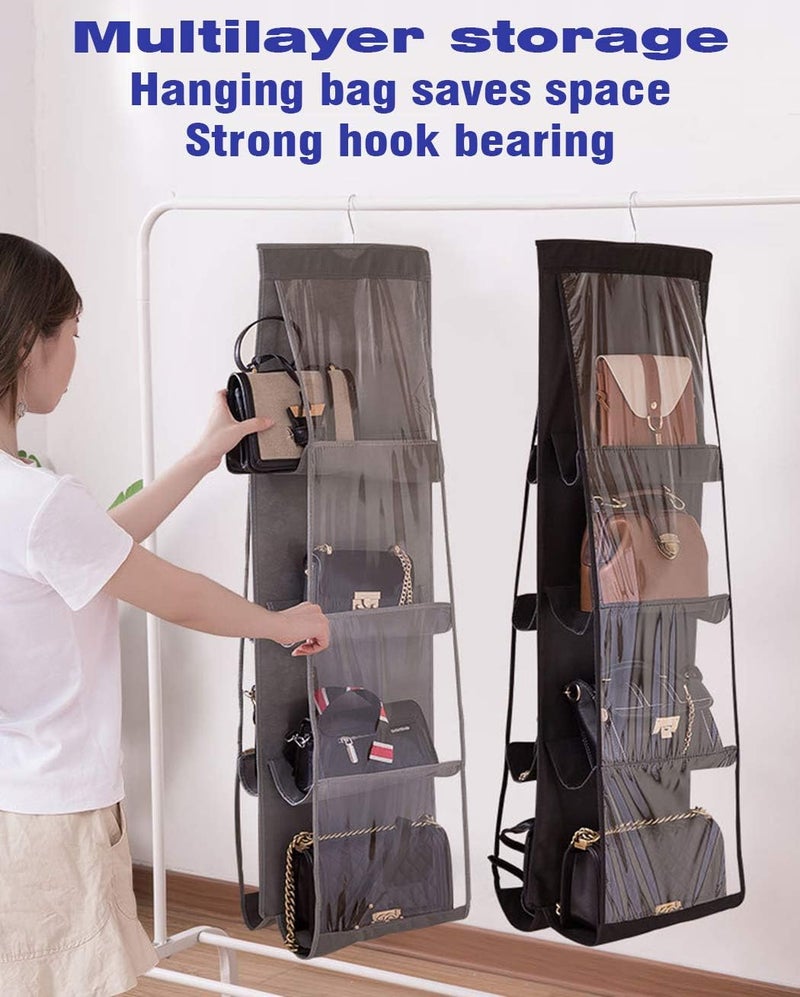AARainbow 2 Packs Hanging Handbag Purse Organizer, Purse Bag Organizer Storage, 8 Pockets Hanging Bag Organizer for Closet Rack, Wardrobe Closet Space Saving Purses Holder, 41L*13.5W (B, 2 Black) - Image 4