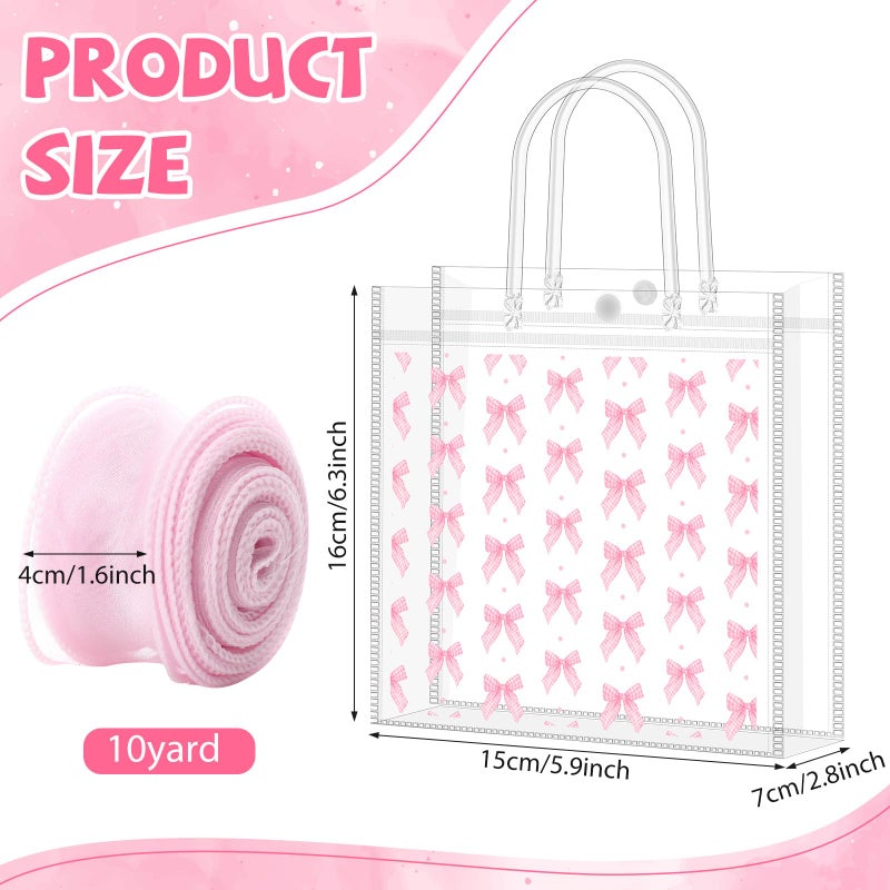 Kolldenn 48 Pcs Pink Bow Clear PVC Gift Bags with Handle Ribbon Reusable Pink Coquette Bowknot Goodies Treats Totes Bulk for Birthday Wedding Baby Shower Party Supplies, 5.9 x 6.3 x 2.8 Inch - Image 4