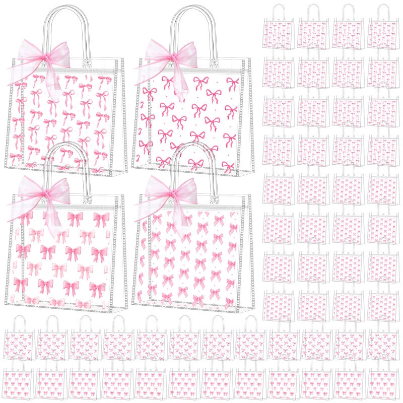 Kolldenn 48 Pcs Pink Bow Clear PVC Gift Bags with Handle Ribbon Reusable Pink Coquette Bowknot Goodies Treats Totes Bulk for Birthday Wedding Baby Shower Party Supplies, 5.9 x 6.3 x 2.8 Inch - Image 1