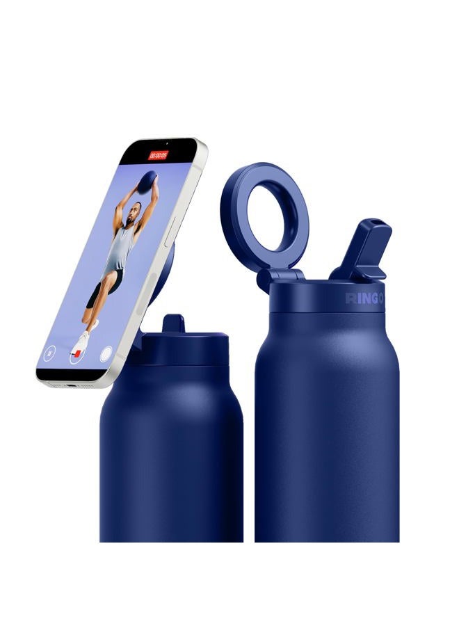 RINGO PRO Water Bottle with Sip Straw Lid | Stainless Steel Hydration Bottle w/Integrated Magnetic Phone Mount, 12Hrs Hot/24Hrs Cold, BPA-Free, Works w/Phones & Tablets - Blue 24Oz / 710ml - Image 1