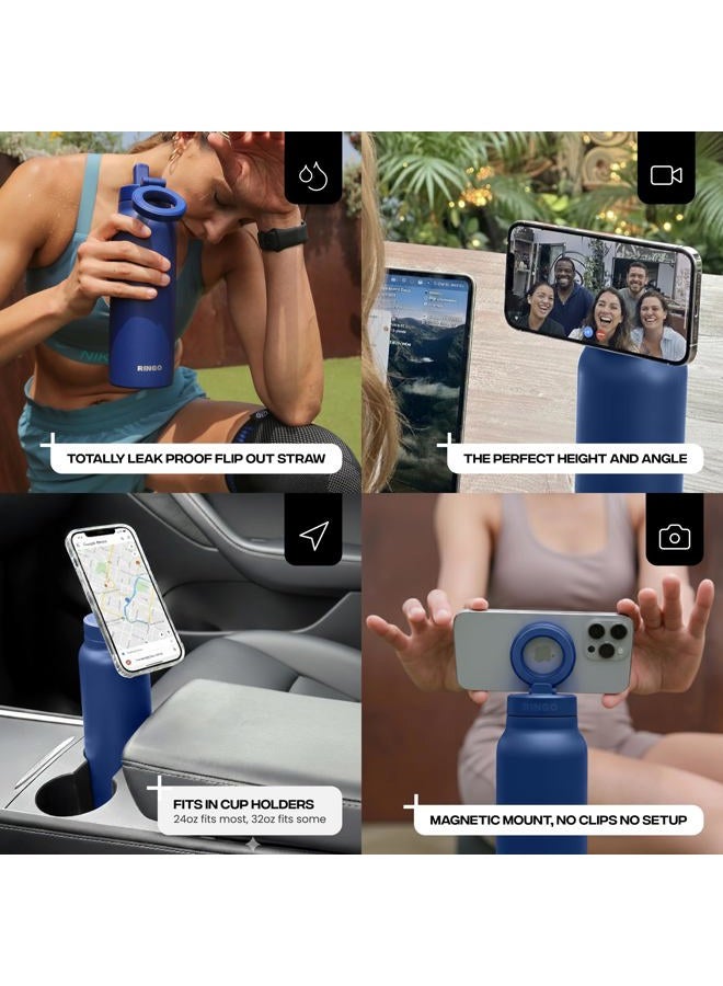 RINGO PRO Water Bottle with Sip Straw Lid | Stainless Steel Hydration Bottle w/Integrated Magnetic Phone Mount, 12Hrs Hot/24Hrs Cold, BPA-Free, Works w/Phones & Tablets - Blue 24Oz / 710ml - Image 5