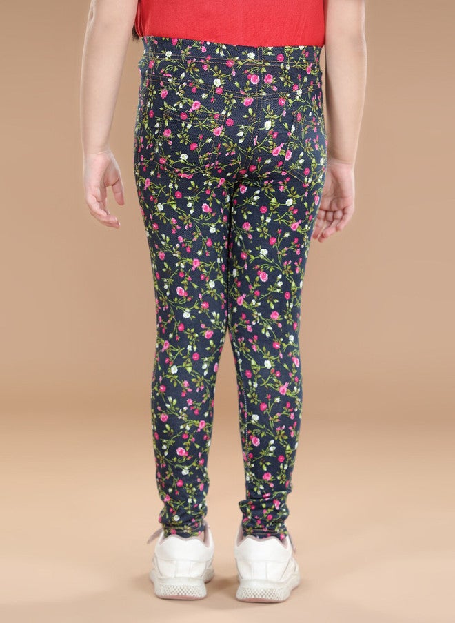 StyleStone Girls Navy-Blue & Pink Floral Printed Cotton Treggings - Image 3