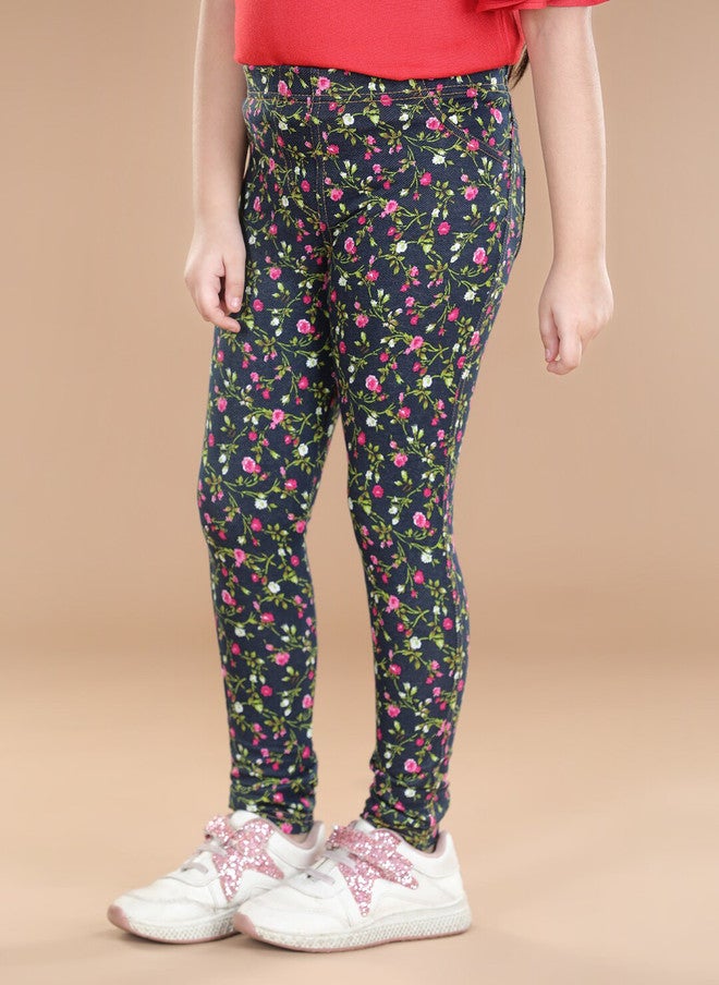 StyleStone Girls Navy-Blue & Pink Floral Printed Cotton Treggings - Image 2