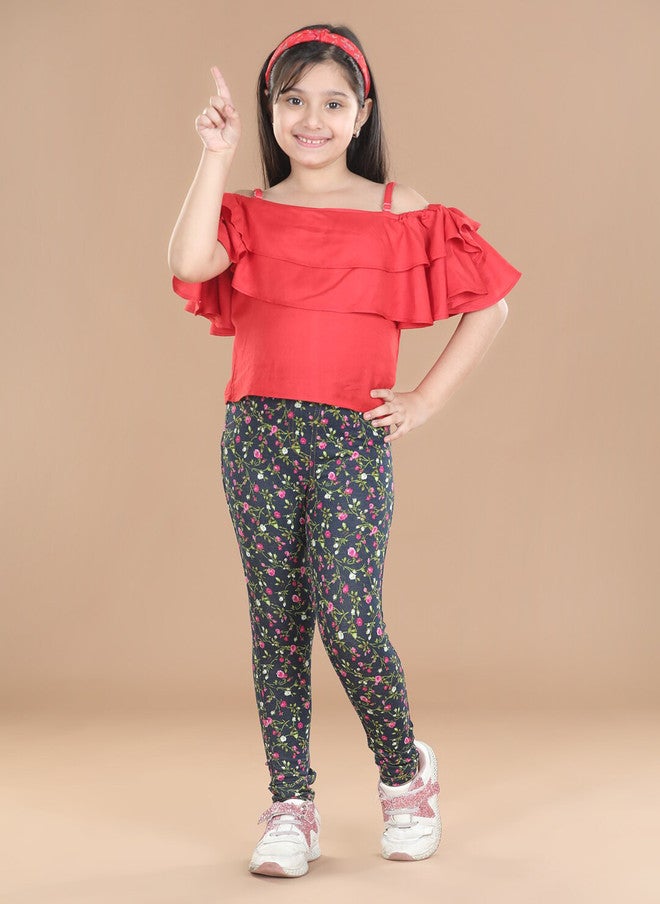 StyleStone Girls Navy-Blue & Pink Floral Printed Cotton Treggings - Image 4