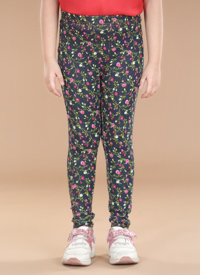 StyleStone Girls Navy-Blue & Pink Floral Printed Cotton Treggings - Image 1