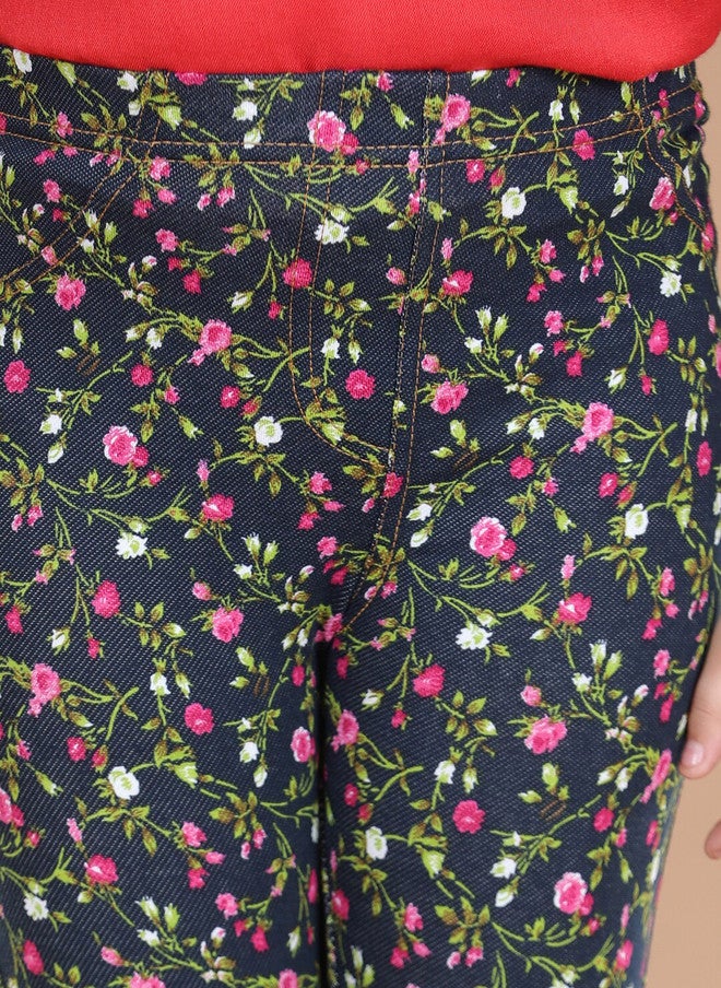 StyleStone Girls Navy-Blue & Pink Floral Printed Cotton Treggings - Image 5