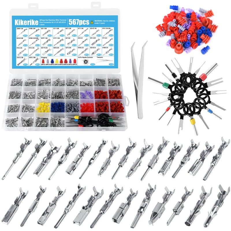 Kikerike Connector Pins Kit 567Pcs 26 Types - 1/1.5/1.8/2.2/2.8/3.5Mm Automotive Terminal Pin 22-12 Gauge Car Electrical Male & Female Wire Pins  Wire Seals  Repinning Kit - Image 1