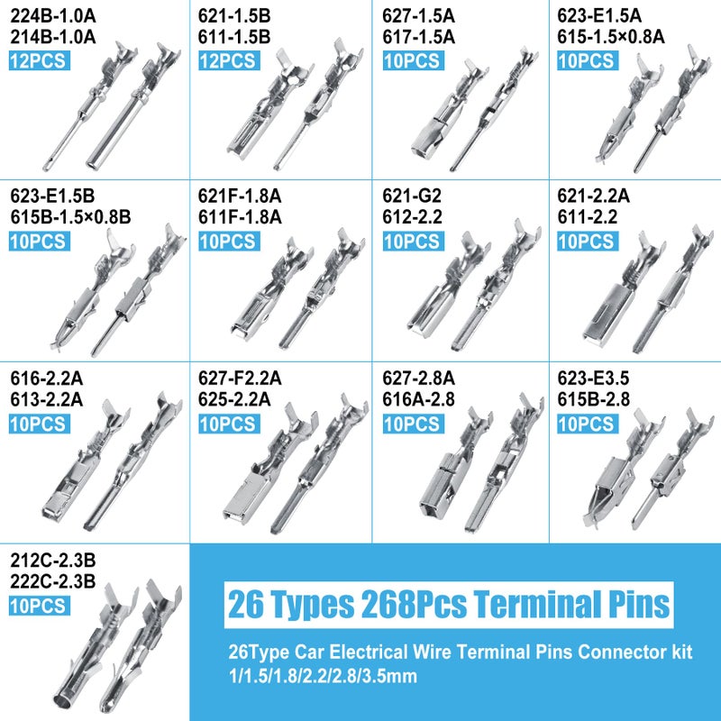Kikerike Connector Pins Kit 567Pcs 26 Types - 1/1.5/1.8/2.2/2.8/3.5Mm Automotive Terminal Pin 22-12 Gauge Car Electrical Male & Female Wire Pins  Wire Seals  Repinning Kit - Image 2