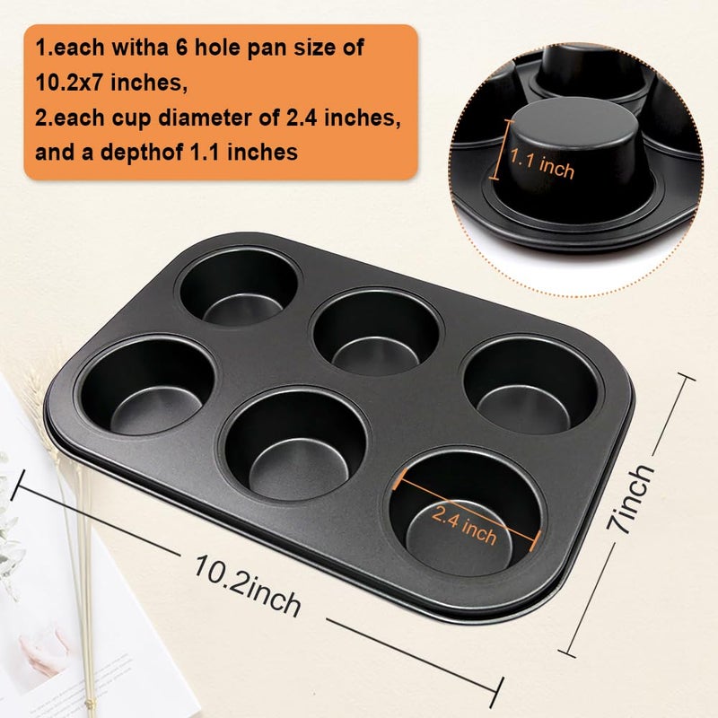 ASBAYSON 2 Packs Premium Steel Muffin Pan for Baking, Round Muffin Baking Pan, Baking Tray for Muffins, Cupcakes, Brownie(Black, 6 Cup) - Image 2