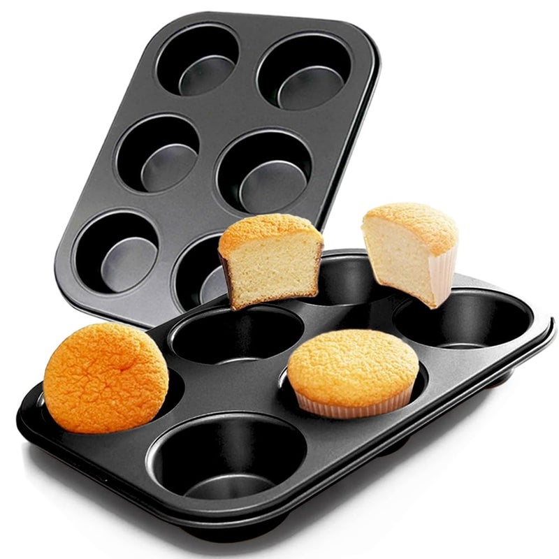 ASBAYSON 2 Packs Premium Steel Muffin Pan for Baking, Round Muffin Baking Pan, Baking Tray for Muffins, Cupcakes, Brownie(Black, 6 Cup) - Image 1