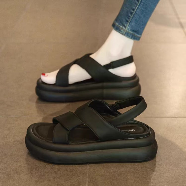 Internet-famous Hot Sandals Womens 2025 Summer New Arrival Elasiac Casual All-match Thick-soled Sandals Womens Beach Shoes Black - Image 1