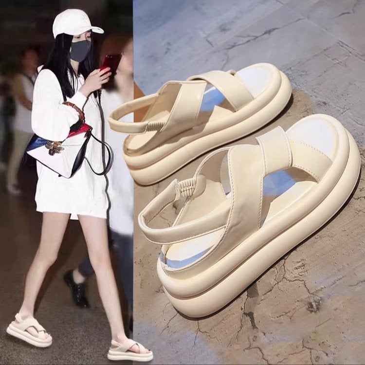 Internet-famous Hot Sandals Womens 2025 Summer New Arrival Elasiac Casual All-match Thick-soled Sandals Womens Beach Shoes Black - Image 2